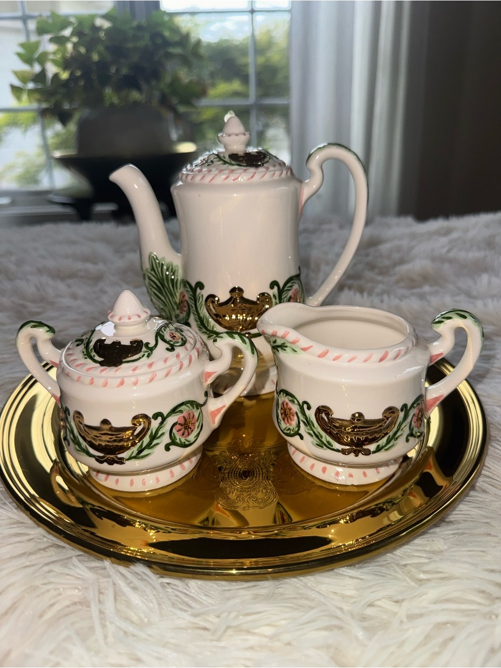 Vintage Hand-Painted Porcelain Tea Set Pink Green Gold